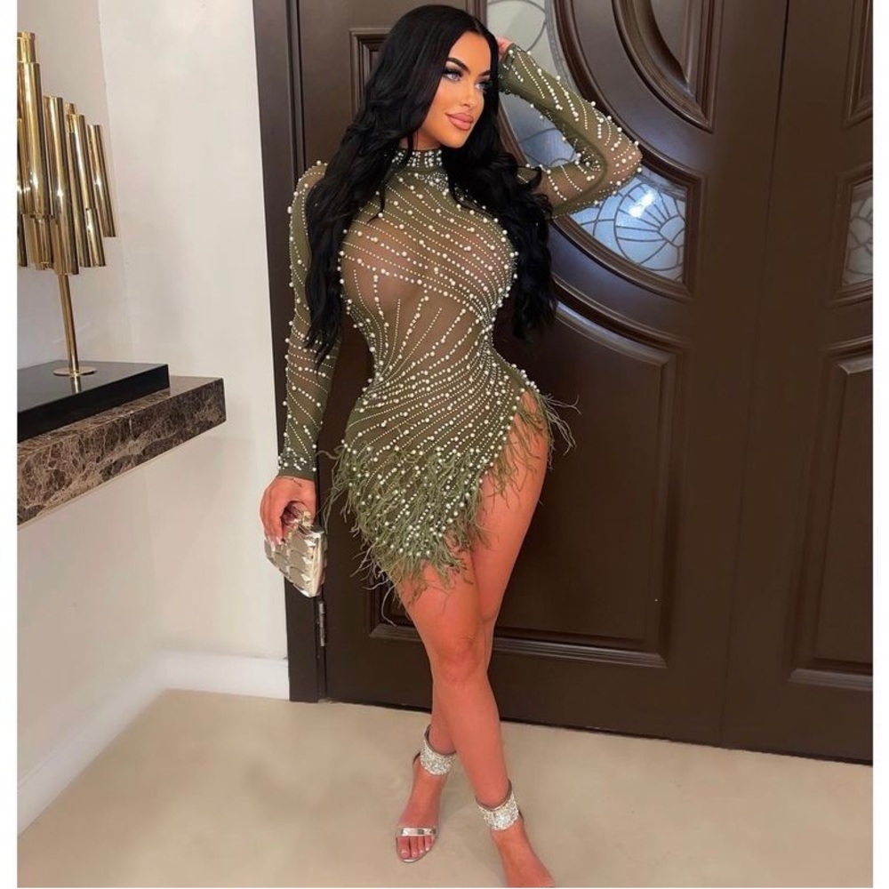 Olive green Pearl Glam Mini Dress